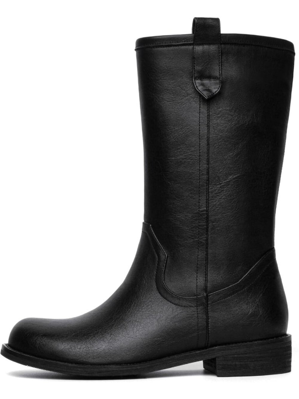 Women's Black Chunky Block Low Heel Round Toe Campus Comfortable Mid Calf Boots